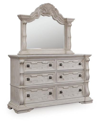 Andonhall King Upholstered Panel Bed with Mirrored Dresser and Nightstand