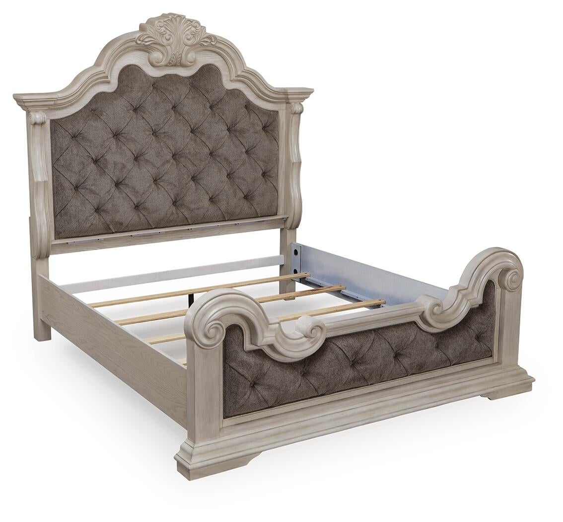 Andonhall King Upholstered Panel Bed with Mirrored Dresser and Nightstand