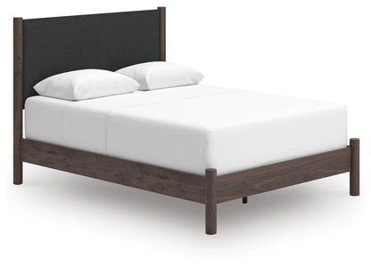 Cadmori Queen Upholstered Panel Bed, Dresser, Mirror, Chest and Nightstand
