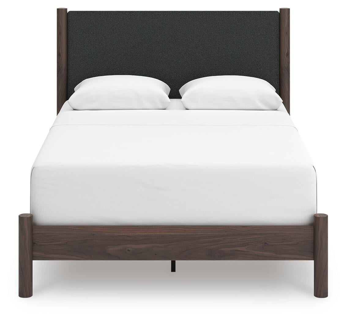 Cadmori Queen Upholstered Panel Bed, Dresser, Mirror, Chest and Nightstand