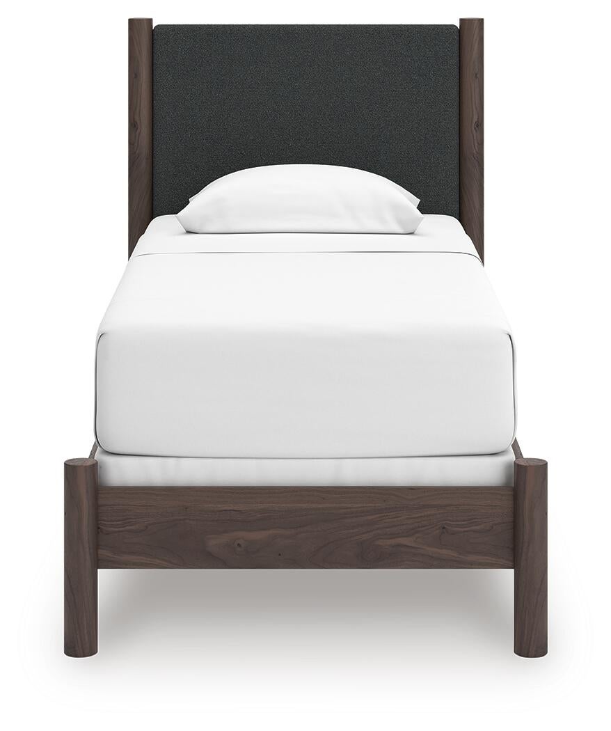 Cadmori Twin Upholstered Panel Bed, Dresser, Mirror, Chest and Nightstand