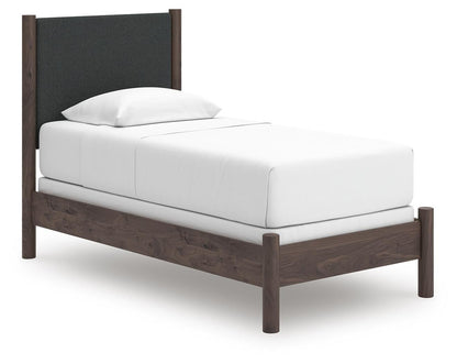 Cadmori Twin Upholstered Panel Bed, Dresser, Mirror, Chest and Nightstand
