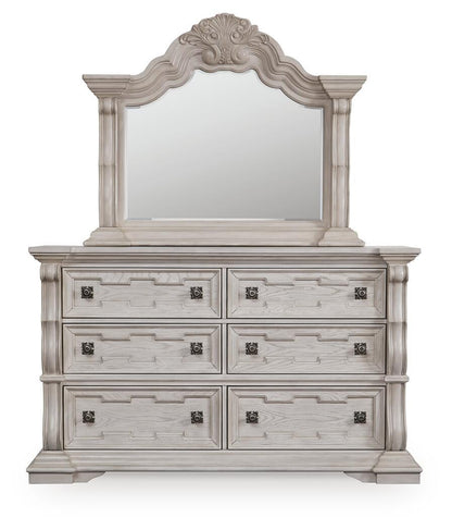 Andonhall California King Upholstered Panel Bed with Mirrored Dresser