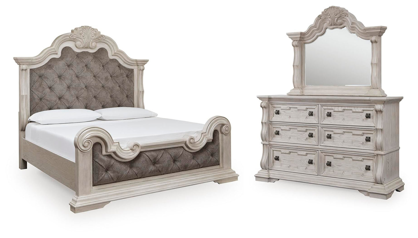 Andonhall California King Upholstered Panel Bed with Mirrored Dresser