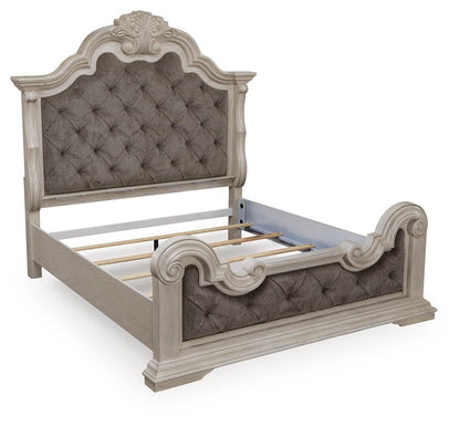 Andonhall California King Upholstered Panel Bed with Mirrored Dresser