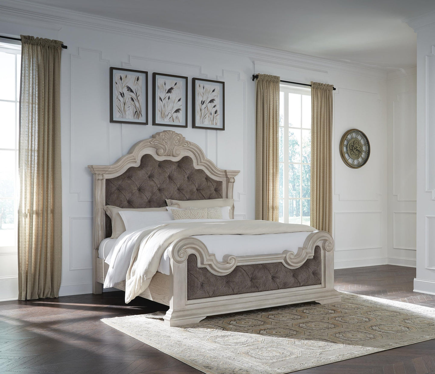 Andonhall California King Upholstered Panel Bed with Mirrored Dresser