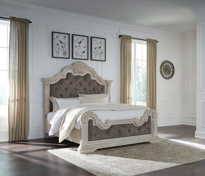 Andonhall California King Upholstered Panel Bed with Mirrored Dresser