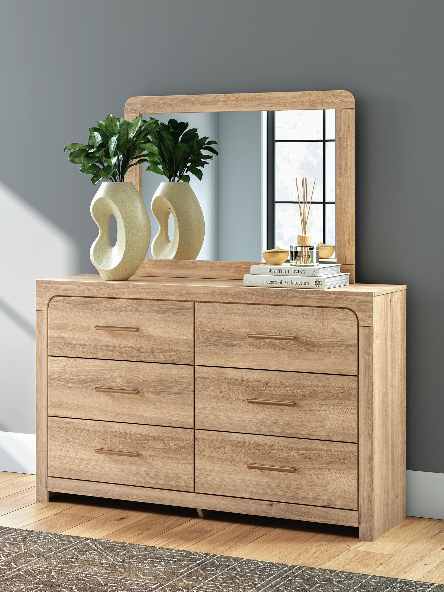 Hollymount Queen Upholstered Platform Bed, Dresser and Mirror