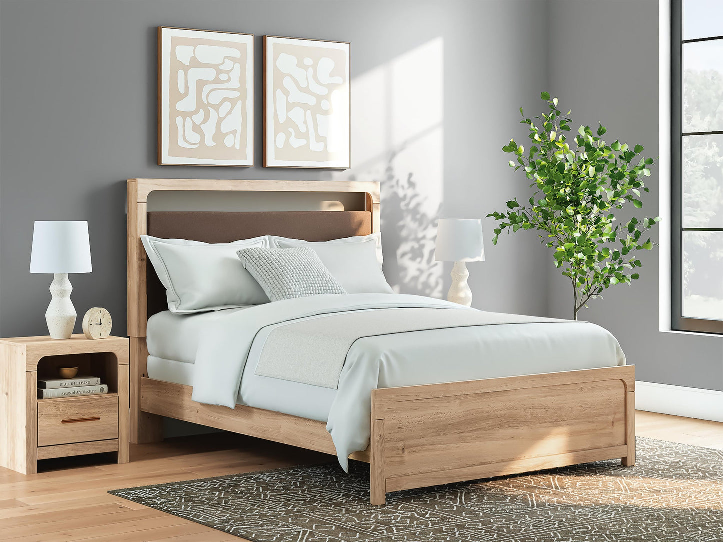 Hollymount Queen Upholstered Panel Bed, Dresser and Mirror
