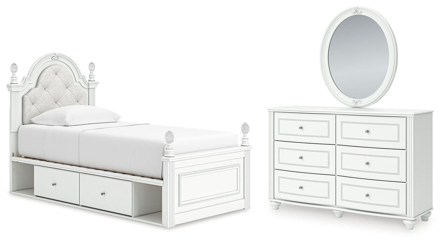 Maylilly Twin Upholstered Panel Storage Bed, Dresser and Mirror