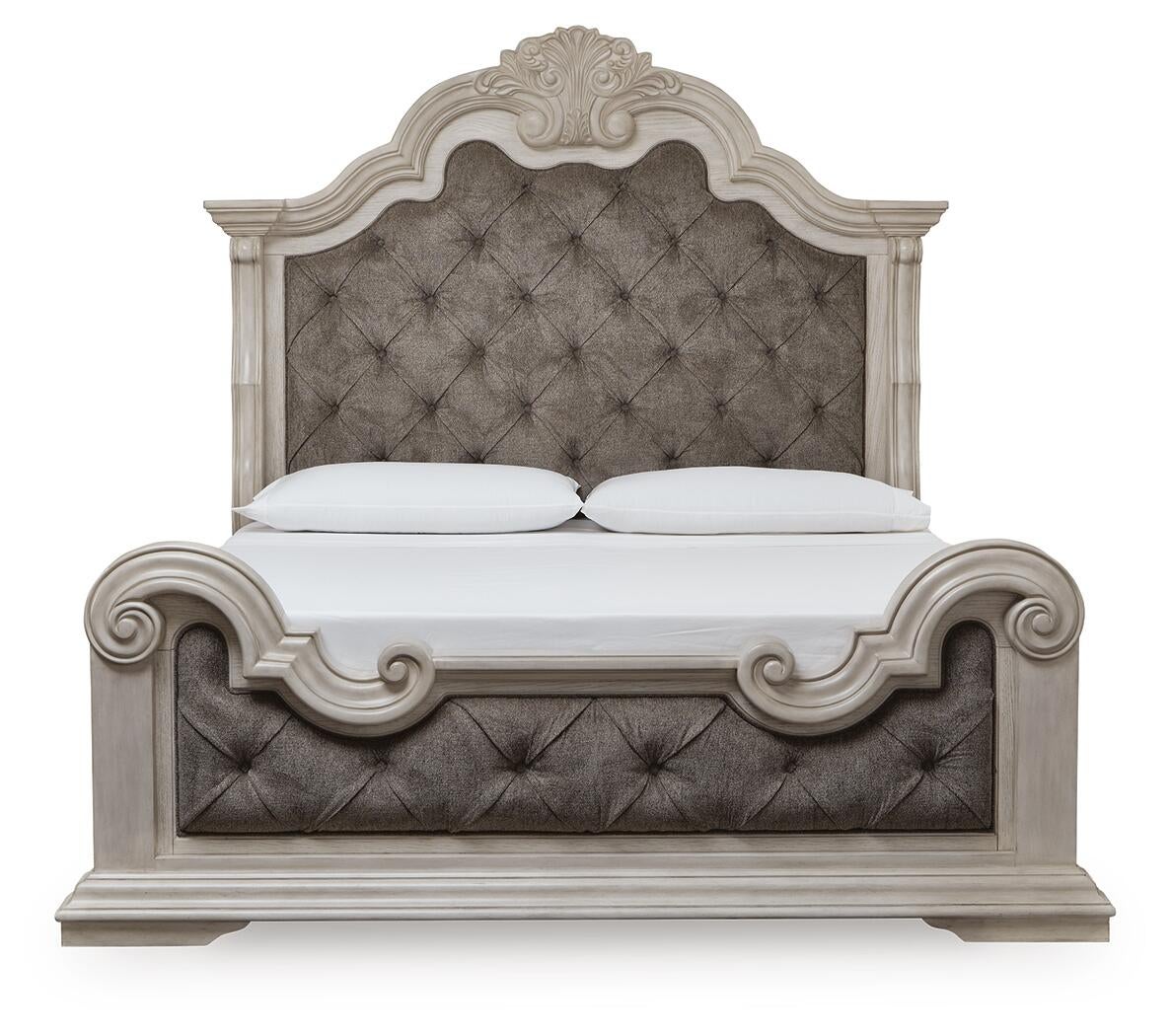 Andonhall California King Upholstered Panel Bed with Mirrored Dresser and Nightstand