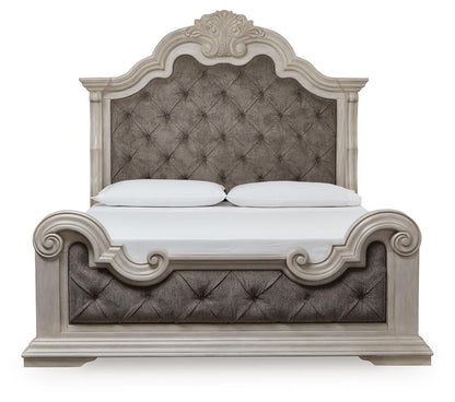 Andonhall California King Upholstered Panel Bed with Mirrored Dresser and Nightstand