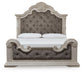 Andonhall California King Upholstered Panel Bed with Mirrored Dresser and Nightstand