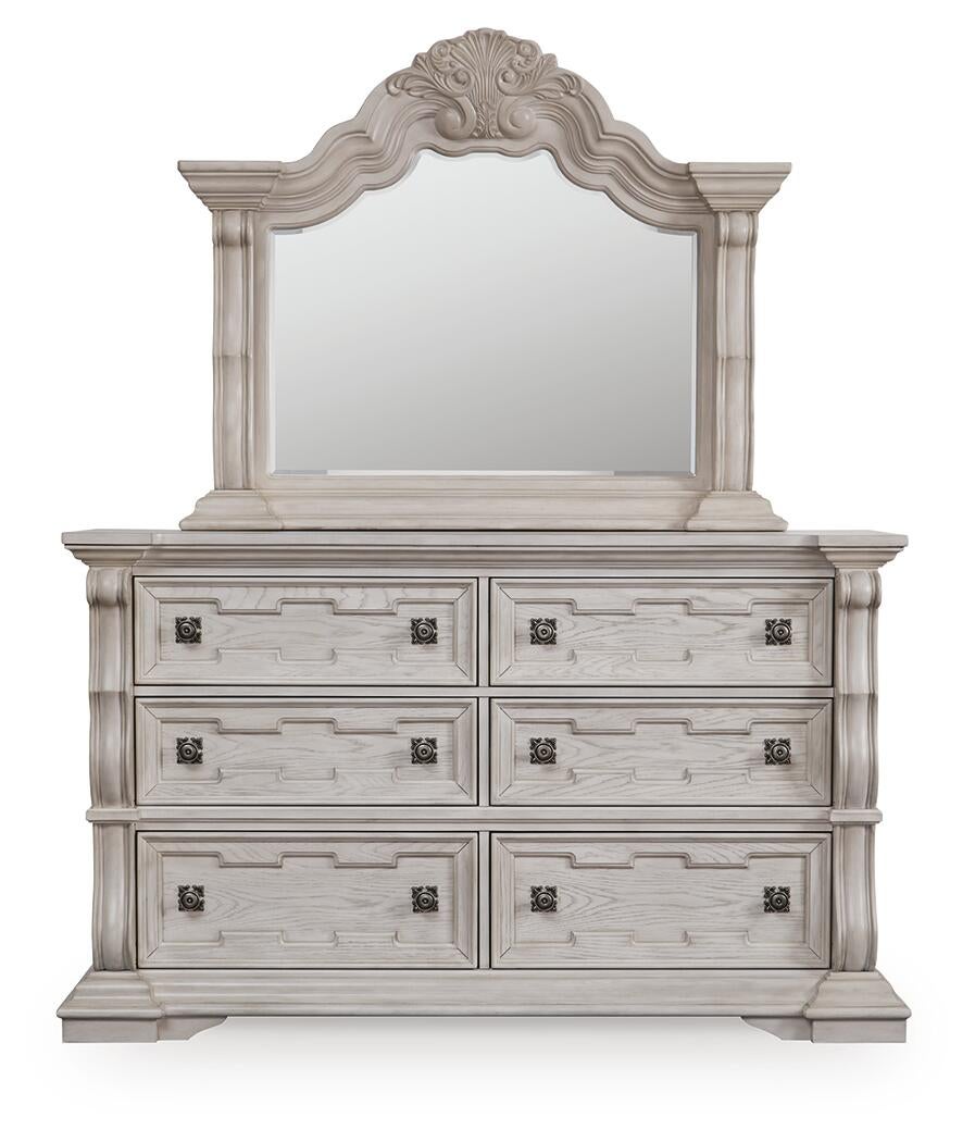 Andonhall California King Upholstered Panel Bed with Mirrored Dresser and Nightstand
