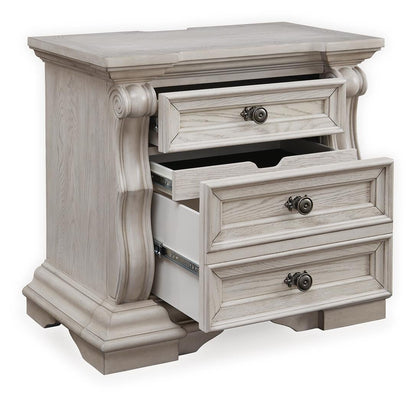 Andonhall California King Upholstered Panel Bed with Mirrored Dresser and Nightstand