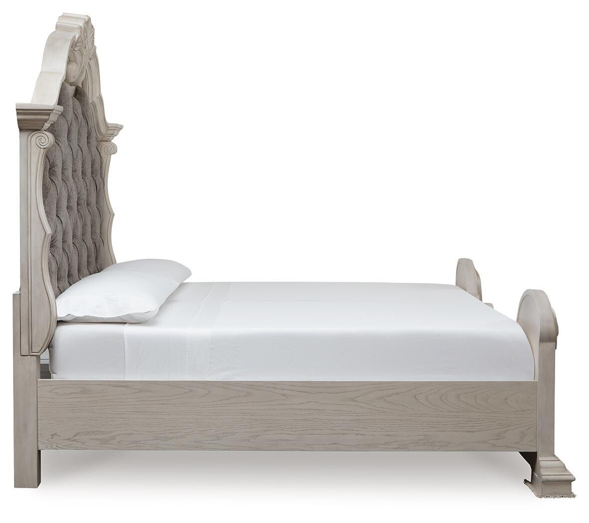 Andonhall California King Upholstered Panel Bed with Mirrored Dresser and Nightstand