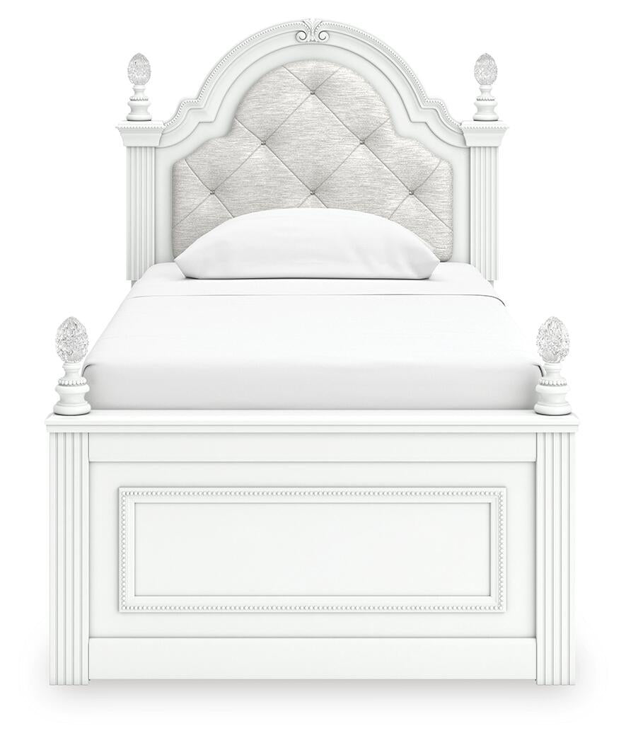 Maylilly Twin Upholstered Panel Bed, Dresser, Mirror and Nightstand