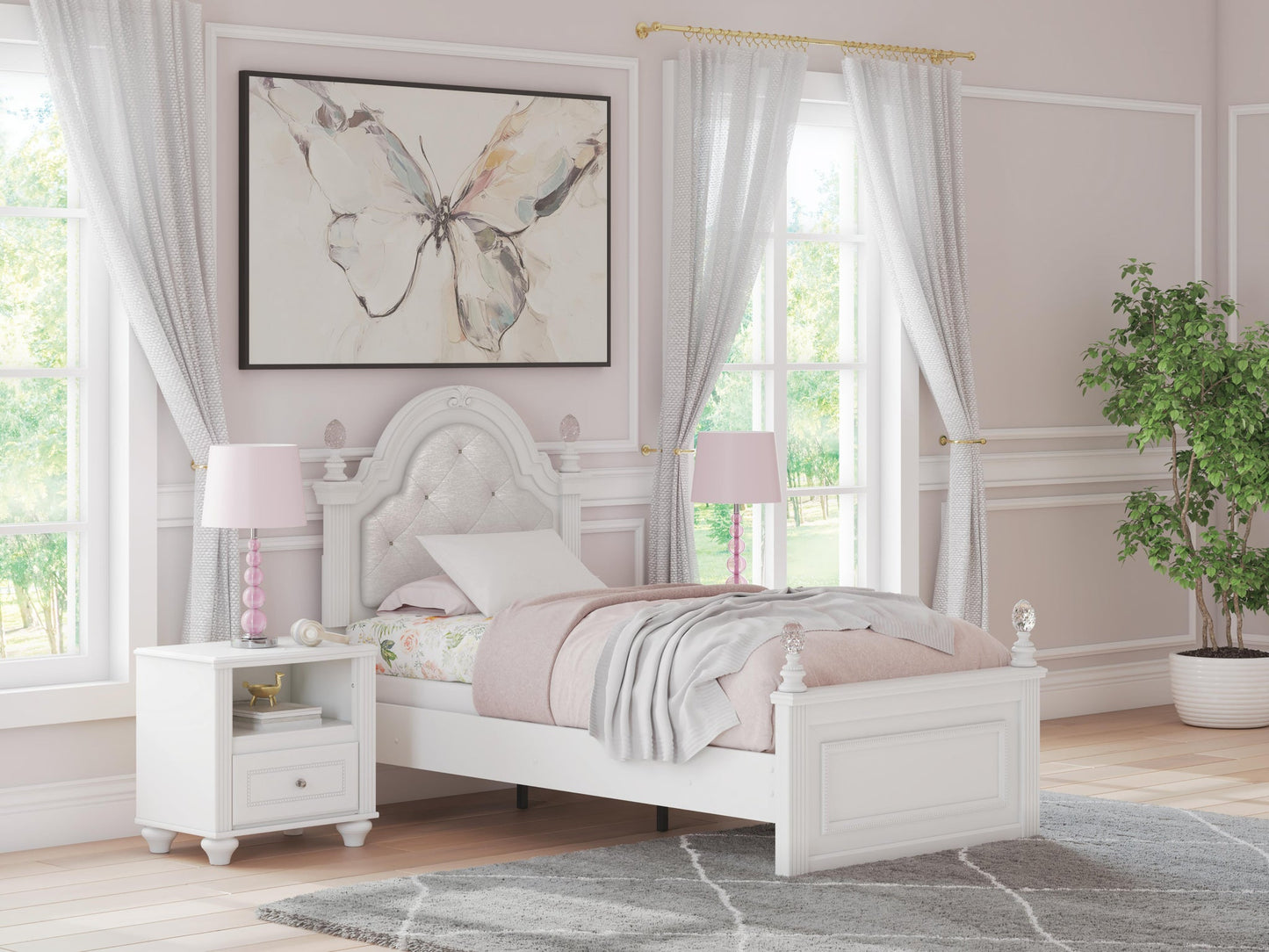 Maylilly Twin Upholstered Panel Bed, Dresser, Mirror and Nightstand