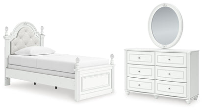 Maylilly Twin Upholstered Panel Bed, Dresser and Mirror
