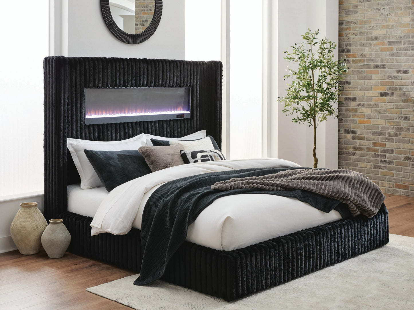 Tayleena Queen Upholstered Bed with Fireplace and Wireless Audio