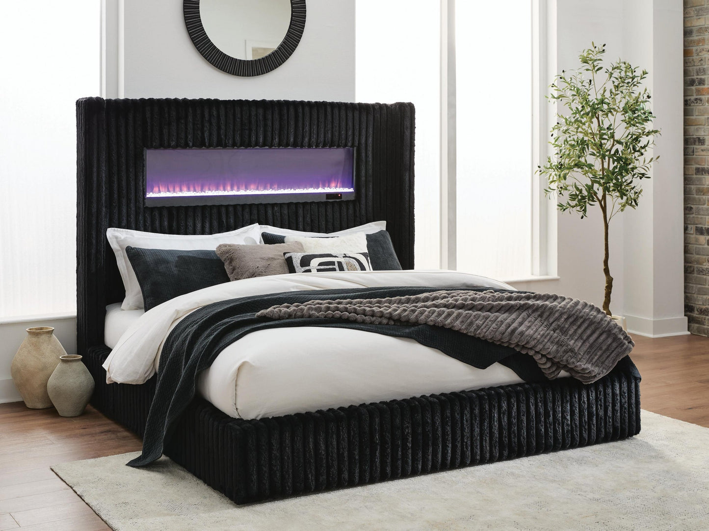 Tayleena Queen Upholstered Bed with Fireplace and Wireless Audio
