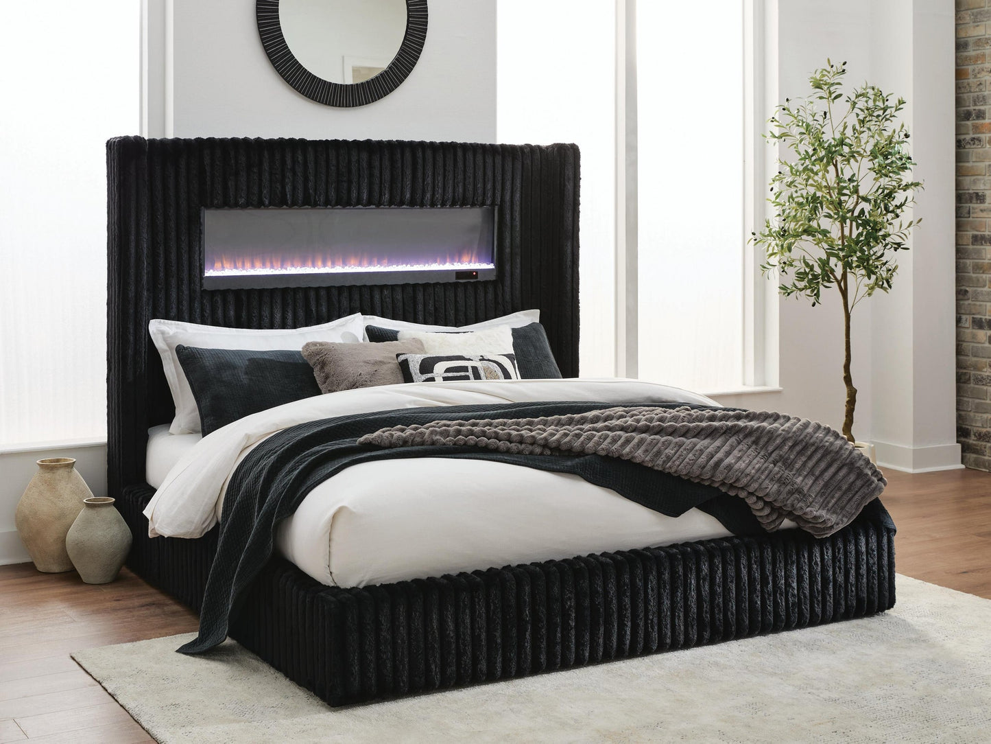 Tayleena King Upholstered Bed with Fireplace and Wireless Audio