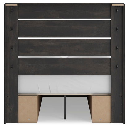 Delmorta Full Panel Bed with Storage, Dresser and Mirror