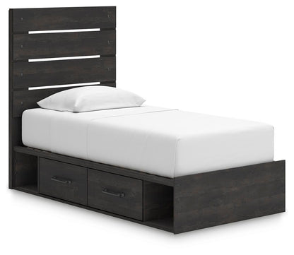 Delmorta Twin Panel Bed with Storage, Dresser and Mirror