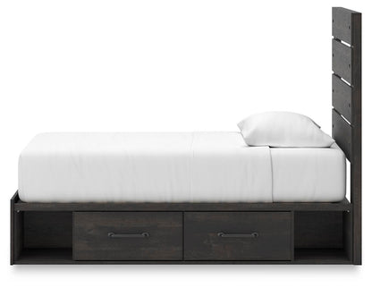 Delmorta Twin Panel Bed with Storage, Dresser and Mirror
