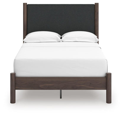 Cadmori Full Upholstered Panel Platform Bed, Dresser, Mirror and Nightstand