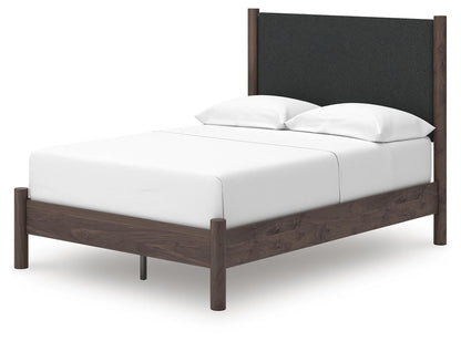 Cadmori Full Upholstered Panel Platform Bed, Dresser, Mirror and Nightstand