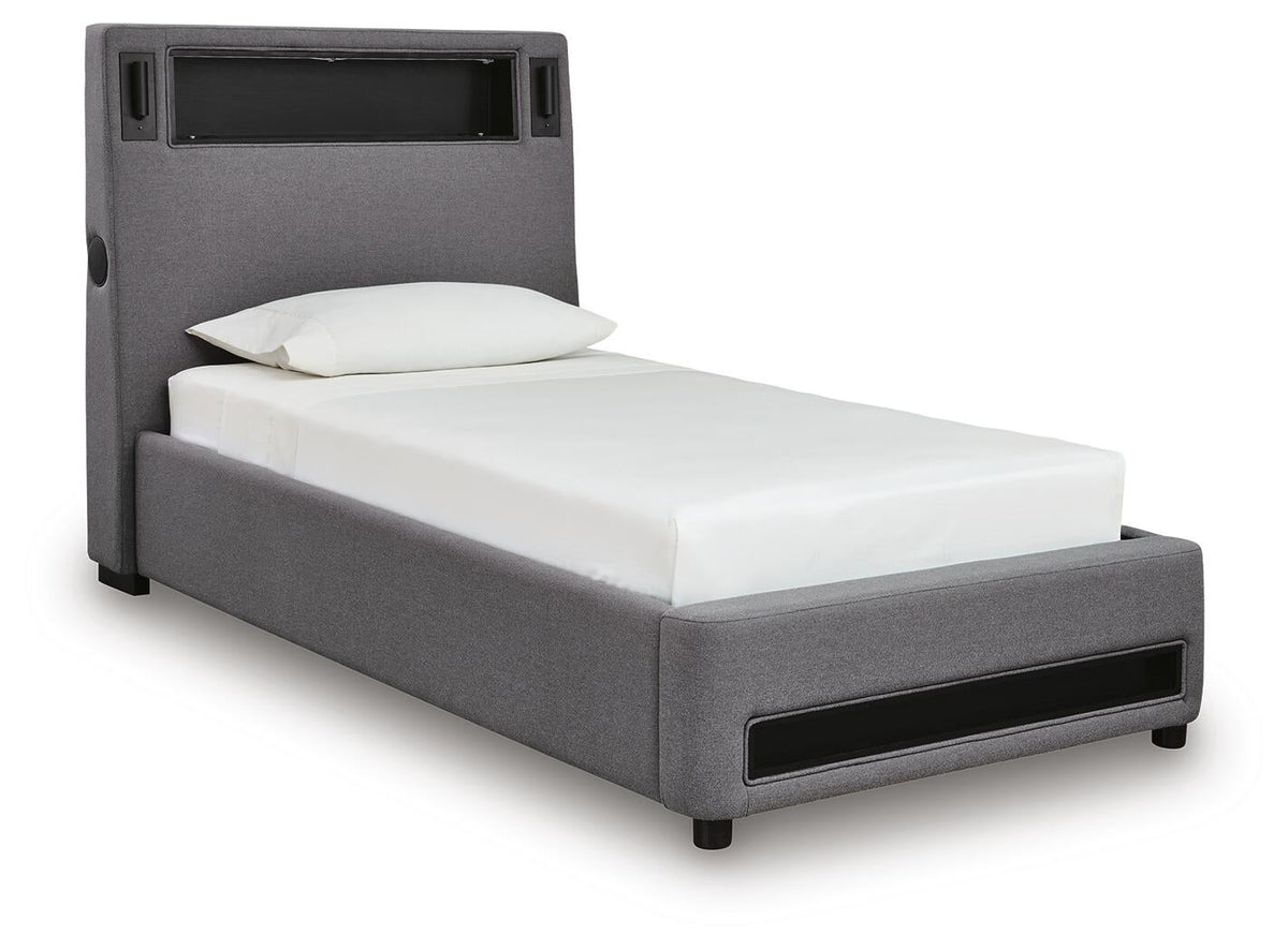 Finigale Twin Upholstered Bed with Wireless Audio