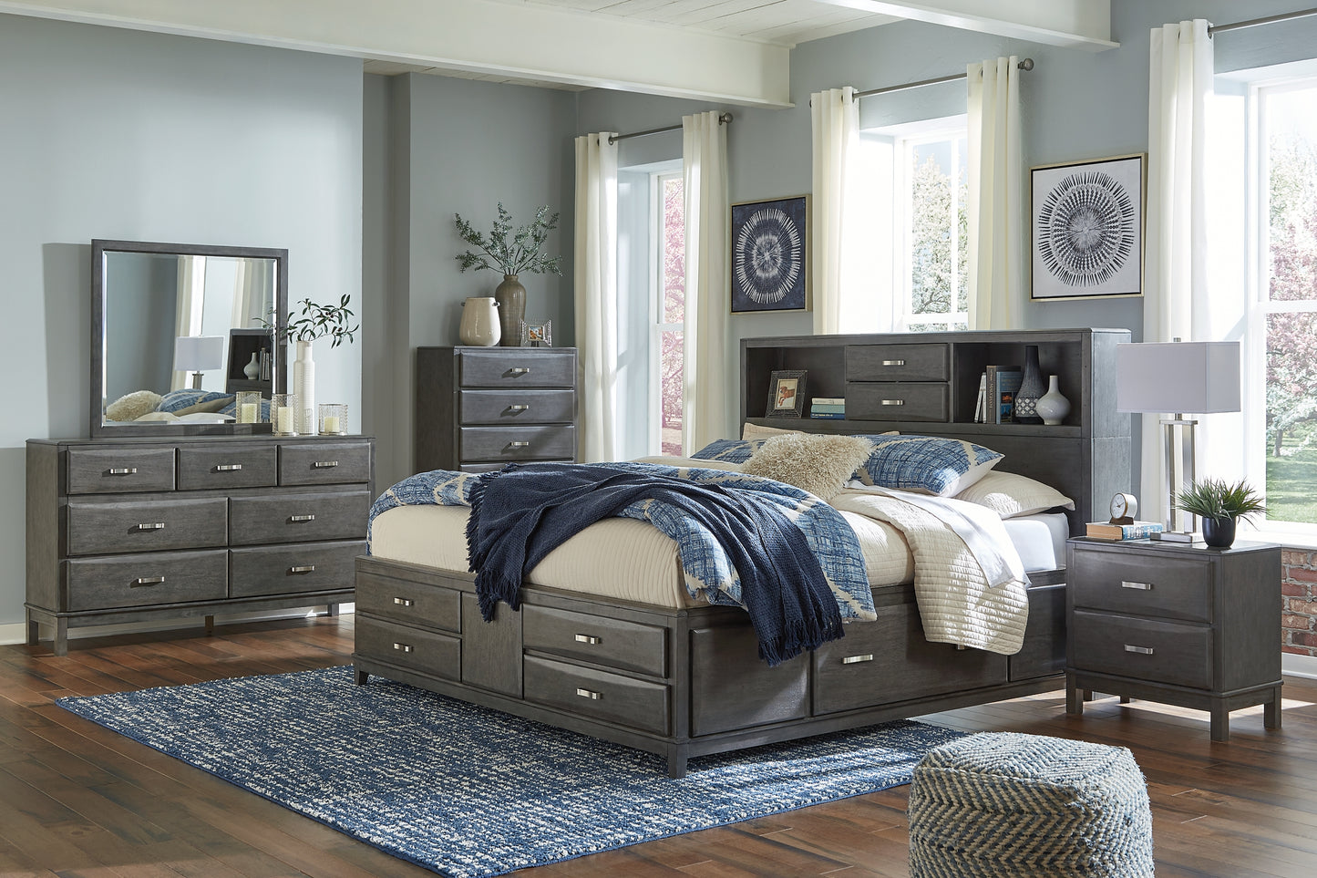 Caitbrook Queen Storage Bed with 8 Storage Drawers with Mirrored Dresser and Chest