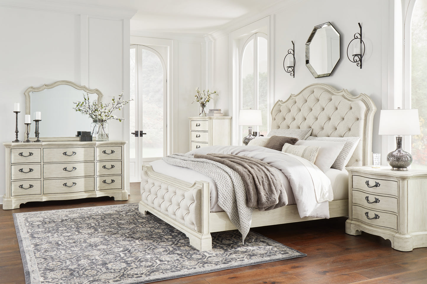 Arlendyne California King Upholstered Bed with Mirrored Dresser, Chest and 2 Nightstands